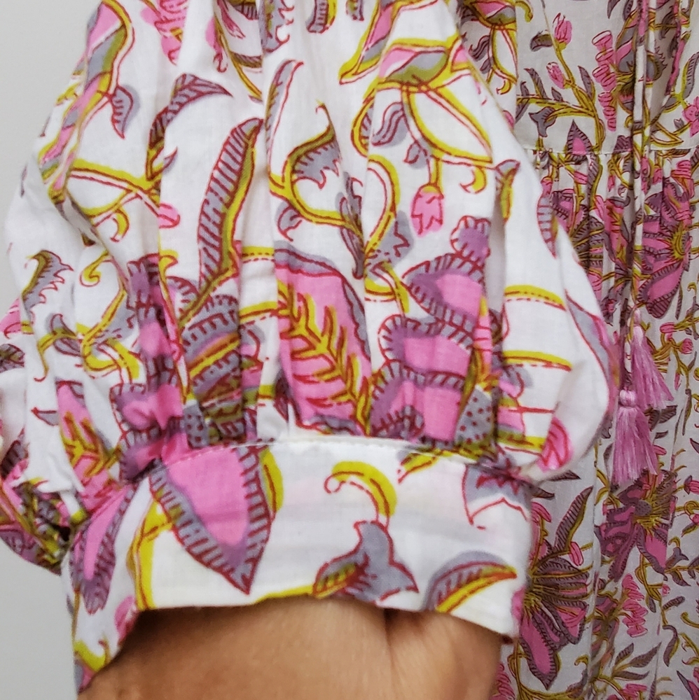 Mille Resort Thalia Pink White Floral 100%Cotton Blouse Puff Sleeves Size XS - Picture 6 of 12